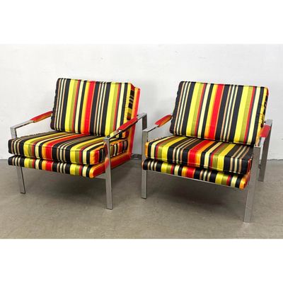 Pair Milo Baughman Chrome Lounge Chairs in Vibrant Striped Fabric.