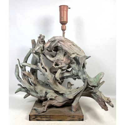 Mid Century  Sculptural Driftwood Table Lamp. Assembled Pieces  on Rectangular Wooden Base. Paint wa