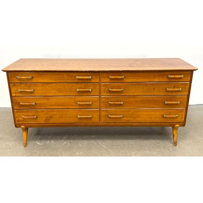 Renzo Rutili  Long Double Dresser. Mid Century Mo dern. Modernist Wood Pulls. John Stuart Label.