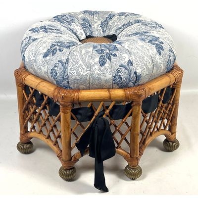 MACKENZIE CHILDS Bamboo Rattan Upholstered Seat Stool. Foot Stool. Lattice woven Rattan Octagonal Ot