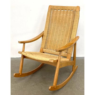 Vintage Mid Century Yugoslavian Beechwood and Woven Jute Rocking Chair.