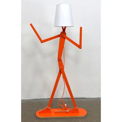 Large articulated novelty floor lamp in orange finished plywood. Unsigned.