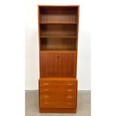 2pc Hundevad Danish Teak Stacking Secretary Bookcase and 4 Drawer Chest with Recessed Pulls