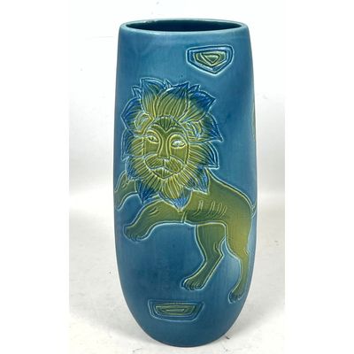 Sascha Brastoff Mid Century Modern Pottery Vase with Lion Motif Model V3