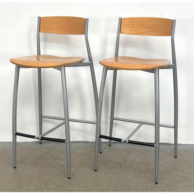 Pair of Contemporary Modern Industrial Bar Stools with Contoured Plywood Seats and Backs and Silver