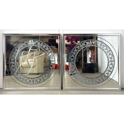 Pair Vanguard Studios Mid Century Modern Square Chrome Wall Mirrors with Etched Circular Foliate Des