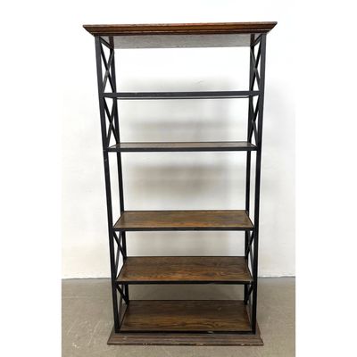 Industrial Style 6 Tier Open Etagere Shelving Unit with Black Metal Framework and Dark Oak Finish Wo