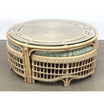 5pc Vintage Rattan and Wicker Nesting Coffee Table Set with Wedge Shaped Stools. Table, 4 stools. Un