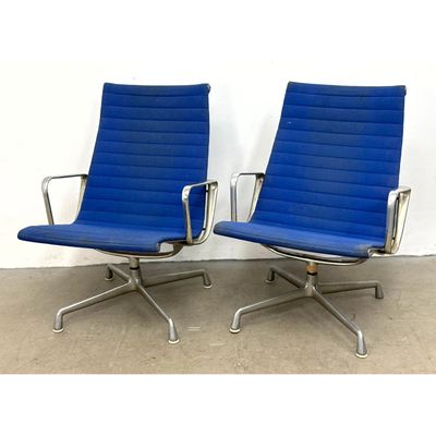 Pair Herman Miller Eames Aluminum Group High Back Lounge Chairs with Blue Fabric and 4 Star Swivel B