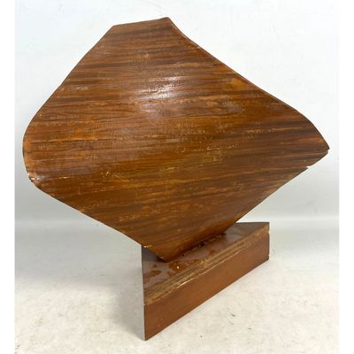 Modernist Laminated Wood Abstract Geometric Sculpture on Triangular Plinth. Unsigned. Biomorphic sta