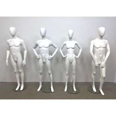4pc Group of Matte White Full Body Egghead Mannequins with Circular Glass Bases and Chrome Calf Stan
