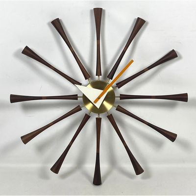 George Nelson for Vitra Design Museum Spindle Wall Clock Authorized Re-edition in Walnut and Brass w