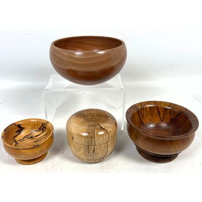 Assortment of 4pc lot Hand Turned Wood Vessels Including Mike Kinney Cherry Bowl and Don Jones Spalt