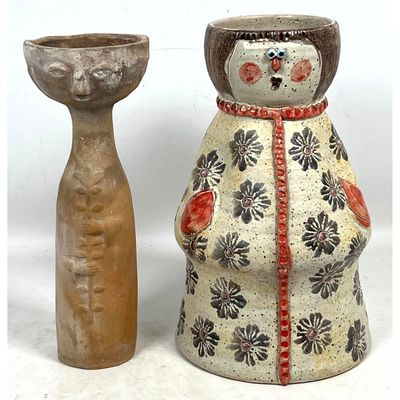 2pc lot of Mid-Century Ceramic Figural Vessels. One Glazed Ceramic Woman Vase Marked Italy and One T