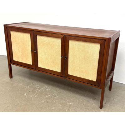 Mid-Century Modern Walnut Sideboard Credenza with Woven Grasscloth Door Panels.