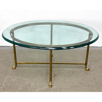 Hollywood Regency Brass and Glass Oval Coffee Table with Hoof Feet and X Form Stretcher