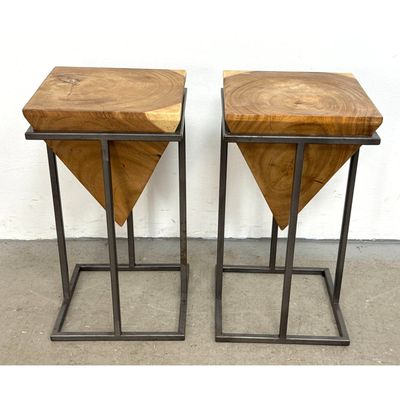 Pair Modern Side Table pedestal Stands. Industrial Style Inverted Pyramid Hardwood Side Tables on Sq