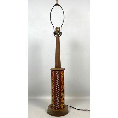 Mid Century Modern Ceramic Hexagonal Column Lamp. Applied Decorative Glazes. Wood Stem, Cap and Base