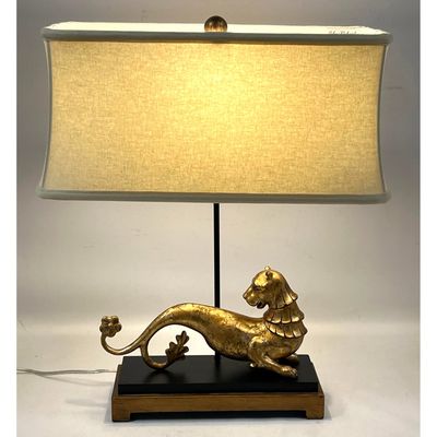 JOHN RICHARD Gilt  Stylized Lion Table Lamp. Black and Gilt Base. Cream Fabric Corseted Shade.