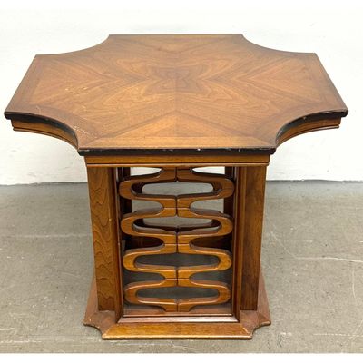 Mid Century Modern Carved Walnut Side Table. Sculptural Carved Fretwork 4 Sided Pedestal Base.