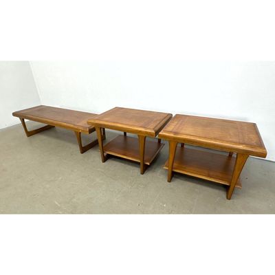 3pc Lane Rhythm mid century modern walnut and oak Tables. Coffee table and matching pair of side tab