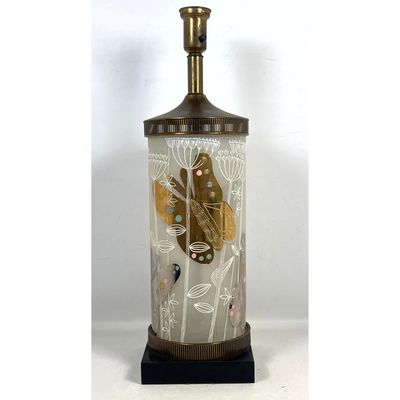 Mid Century Modern Frosted Glass Table Lamp with Enameled Butterfly and Botanical Motif