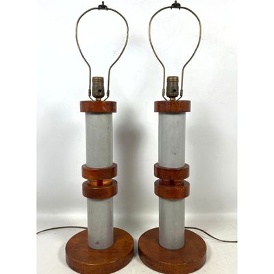 Pair Russel Wright Style Table Lamps. Spun aluminum and wood.