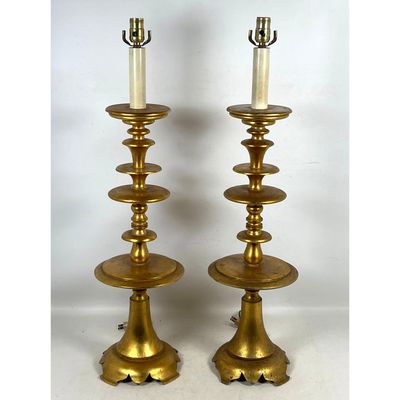 Pair of Gilt Wood Altar Style Buffet Table Lamps with Tiered Silhouette