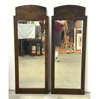 Pr Stroupe Art Deco Style Burl Wood Veneer Wall Mirrors. Architectural arched top.