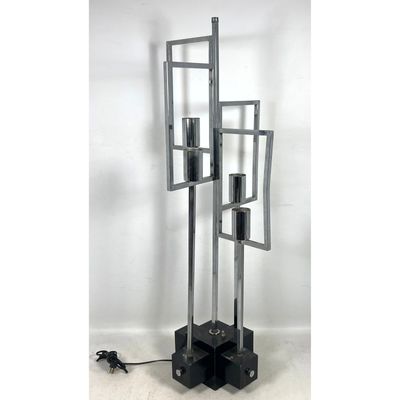 41" Tall Mid Century Modern Architectural Chrome and Black Metal Floor Lamp. Black Multi Cube Base s