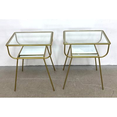 Pair Brass and Glass Side End Tables Contemporary. Brass finish, glass tops, lower shelf, Hollywood