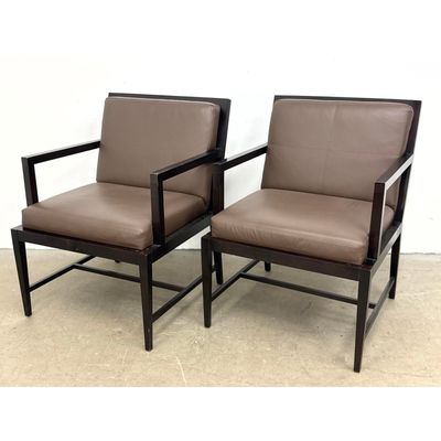 Pair HBF Contemporary Minimalist Brown Leather Armchairs with Dark Stained Wood Frames