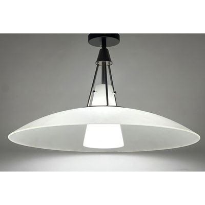 Mid-Century Modern Frosted Glass Saucer Pendant Light Featuring Brushed Metal Tripod Frame and Dual