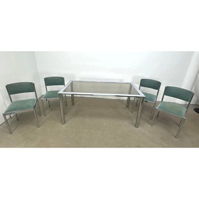 5pc Mid-Century Modern Chrome and Gray Glass Dining Table and 4 Chairs