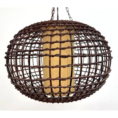 Mid Century Modern Rattan Cage Pendant Light. Inner Cylinder Shade. Metal Chain Suspension