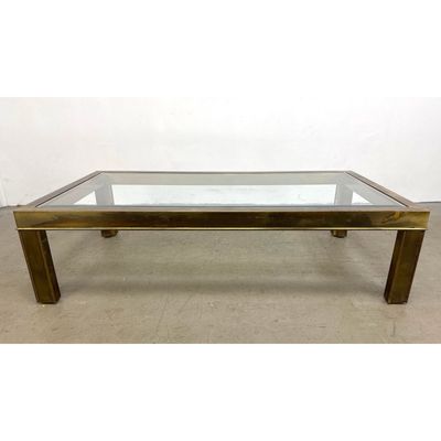 Large Hollywood Regency Style Rectangular Brass and Glass Coffee Table with Parsons Legs. Unsigned.