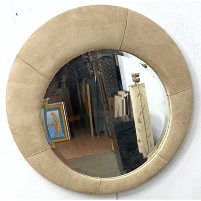 Round Wall Mirror Ivory Suede Wrapped Frame Hollywood Regency.