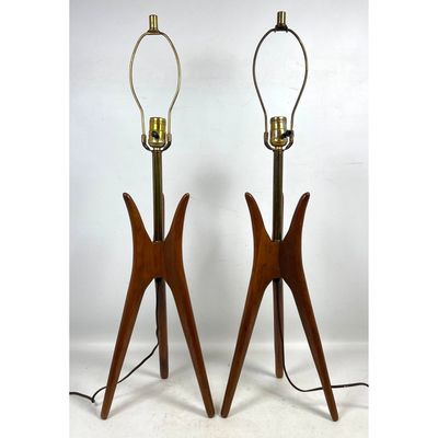 Pair Vintage Mid Century Modern Sculptural Carved Walnut and Brass Tripod Table Lamps. Unsigned.