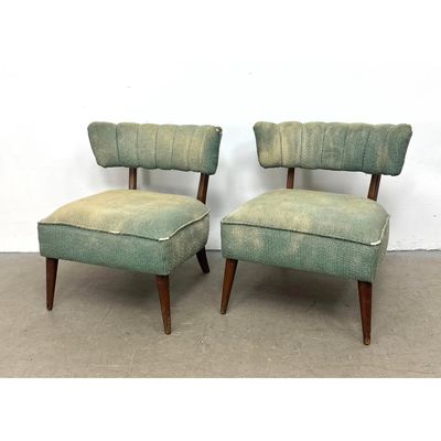 Pr Kroehler Mid-Century Modern Green Textured Woven Armless Slipper Lounge Chairs with Tapered Wood