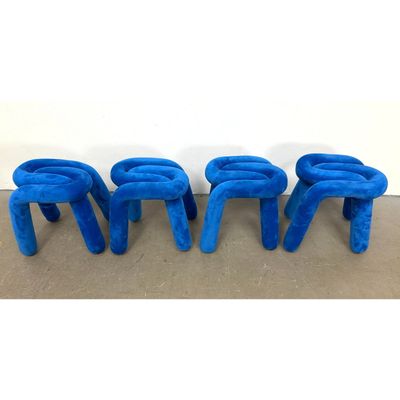Set 4 Electric Blue Velvet Upholstery Tubular Stools. Lot #2. Interlocking "Knot" Design. Contempora