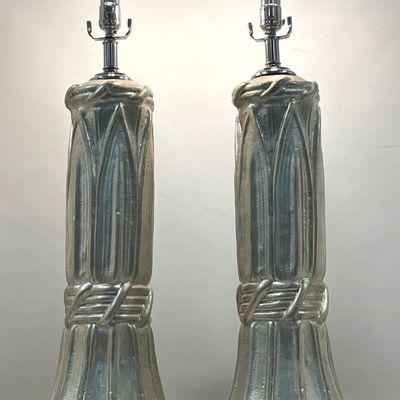 Pr Glazed Silver Leaf Table Lamps. Tall Base Form with Faux Bound Trim Leaf Motif.