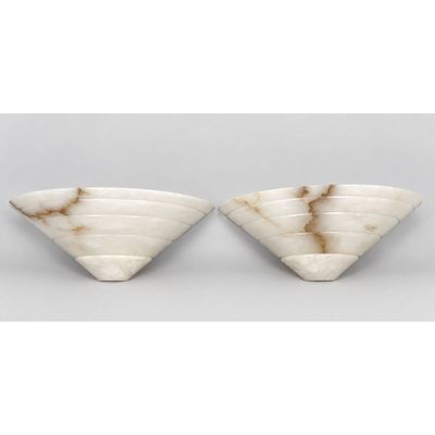 Pair of Boyd Lighting Company Alabaster Stepped Cone Wall Sconces. Art Deco Style. Signed with silve