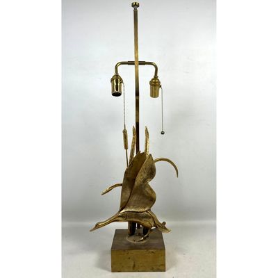 Lancio Sculptural Mixed Metal Table Lamp depicting a Flying Waterfowl and Cattails. Attributed to La