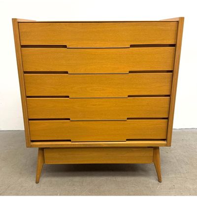 Hoke Wood Products Mid-Century Modern Walnut High Boy Dresser. Unmarked.