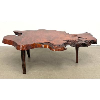Mid Century Modern Live Edge Redwood Burl Coffee Table with Three Legs.  Good Freeform Table.
