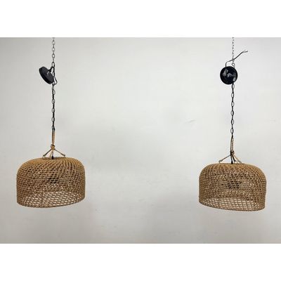 Pair Hampton Bay Summerpoint 2 Light Black Shaded Pendant Lights with Woven Shades. Model 24145-000.