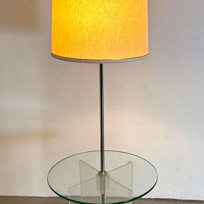 Mid Century Modern Chrome and Lucite Floor Lamp with Integrated Glass Table and Elongated Drum Shade