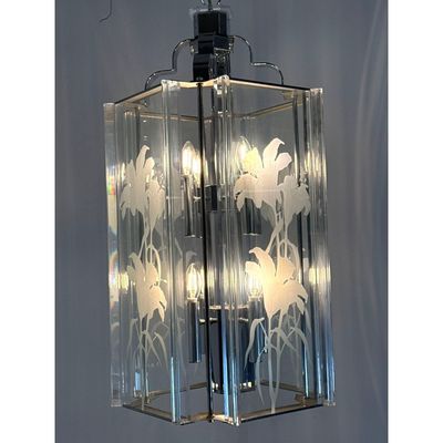 Vintage Fredrick Ramond Art Deco Revival Chrome and Etched Glass Lantern Pendant Chandelier. Etched
