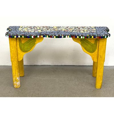 Folk Art Mixed Media Mosaic Top Wood Bench with Yellow Distressed Finish Celestial Cutouts and Paint