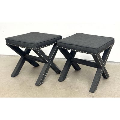 Pair Contemporary Charcoal Gray Upholstered X-frame Benches with Polished Silver Tone Nail head Trim
